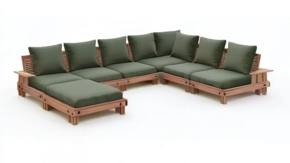 Modułowa narożna sofa ogrodowa z litego drewna akacjowego, brązowo-ciemnozielona, 280 × 210 × 65 cm