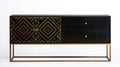 Czarny kredens MDF ze złotą stalową podstawą, 2 drzwi i 2 szuflady, 140 x 40 x 85 cm