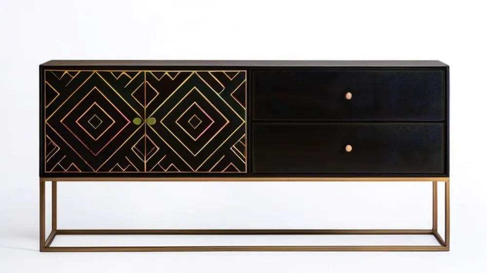 Czarny kredens MDF ze złotą stalową podstawą, 2 drzwi i 2 szuflady, 140 x 40 x 85 cm