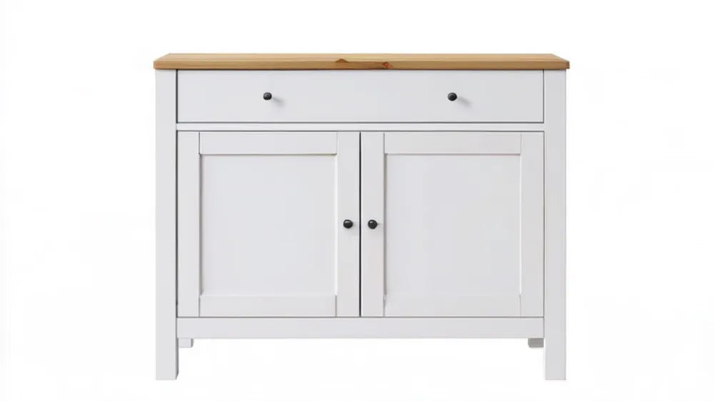 Biały kredens MDF z blatem z litego drewna sosnowego 120 x 40 x 90 cm