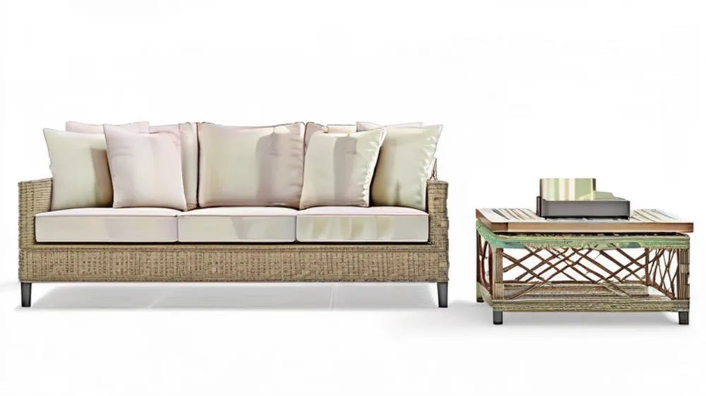 Beżowy zestaw ogrodowy z technorattanu PE – sofa 3-osobowa 220 × 85 × 78 cm i stolik 110 × 60 × 45 cm