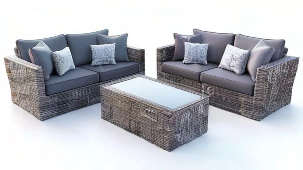 Szary grafitowy zestaw z technorattanu: 2 sofy 132 x 75 x 78 cm i stolik 100 x 60 x 45 cm
