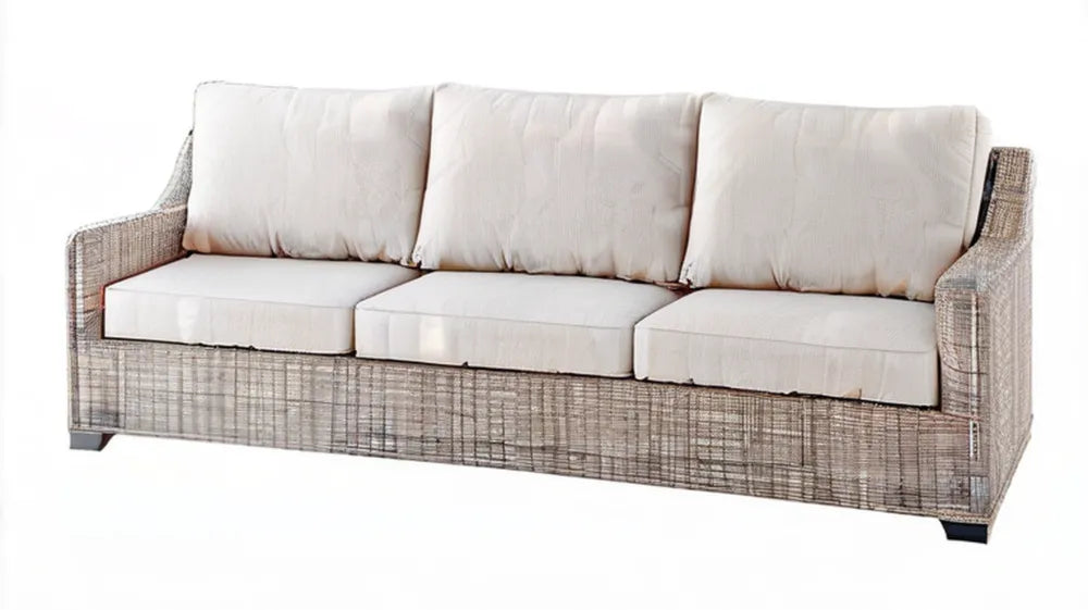 3-osobowa sofa ogrodowa z technorattanu PE szarobeżowa/kremowa z poduszkami, 200 x 75 x 85 cm