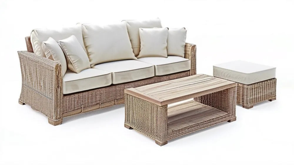 Beżowo-brązowo-kremowy komplet wypoczynkowy z technorattanu: sofa 220 × 90 × 90 cm, stolik 120 × 60 × 45 cm, pufa 75 × 75 × 45 cm