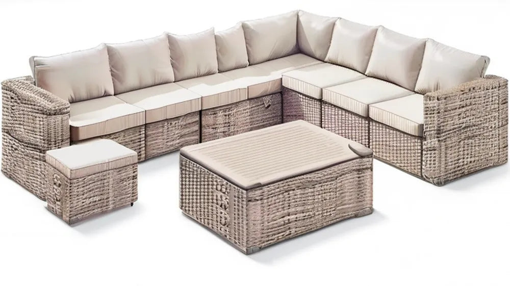 Beżowo-piaskowo-szary narożnik modułowy z technorattanu 300 x 220 cm ze stolikiem i pufem