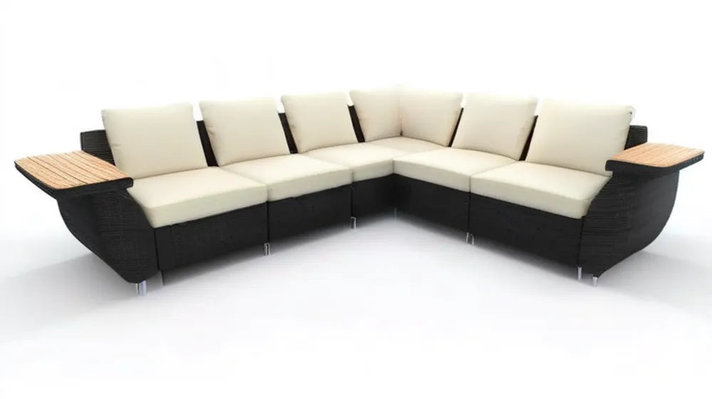 Modułowy narożnik ogrodowy z technorattanu, czarno-kremowy, 300 x 230 x 83 cm