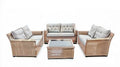 Beżowy zestaw wypoczynkowy z technorattanu: sofa 130 × 75 × 78 cm, 2 fotele 82 × 75 × 78 cm, stolik 100 × 60 × 45 cm