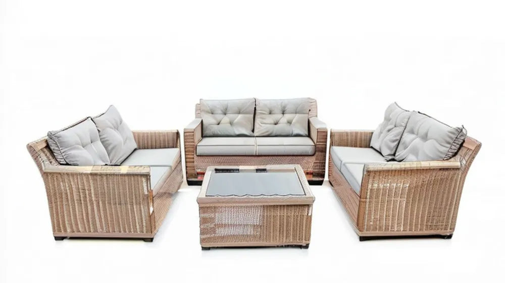 Beżowy zestaw wypoczynkowy z technorattanu: sofa 130 × 75 × 78 cm, 2 fotele 82 × 75 × 78 cm, stolik 100 × 60 × 45 cm