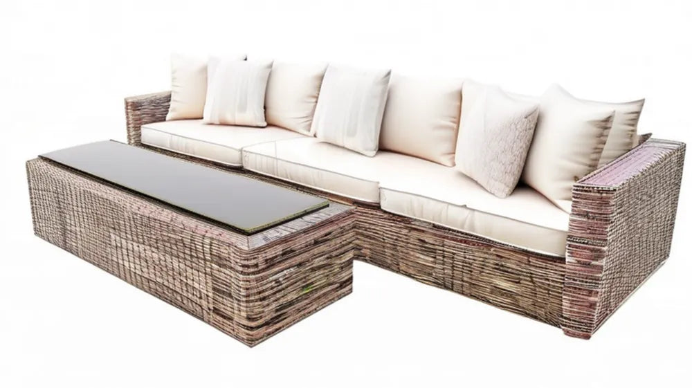 Narożny zestaw ogrodowy z technorattanu szarobrązowy z kremowymi poduszkami i stolikiem, 250 × 180 × 65 cm