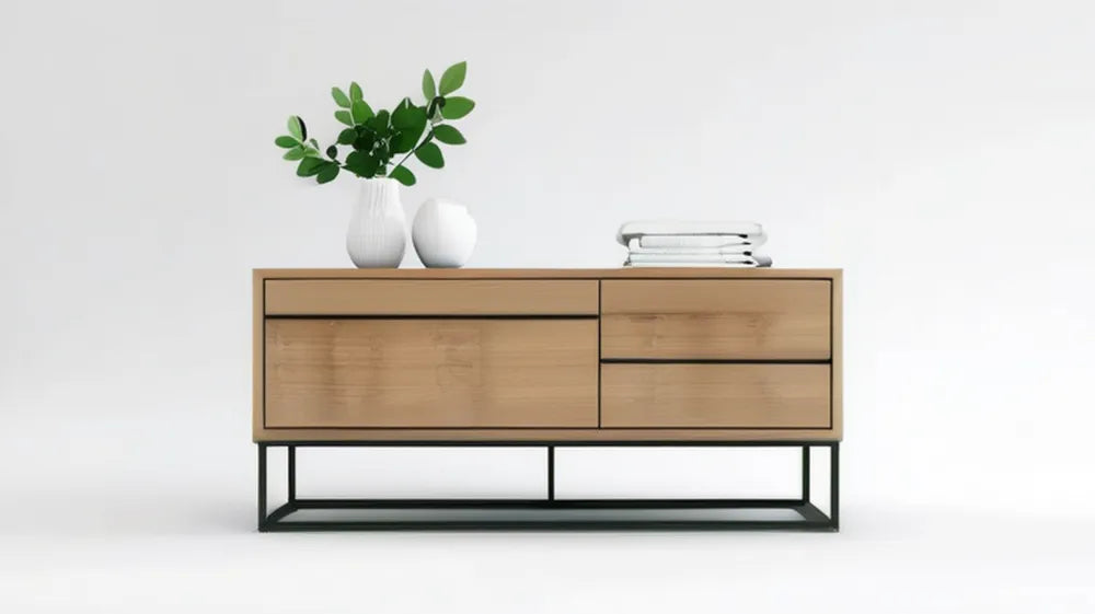 Prostokątna szafka z MDF w dekorze naturalnego dębu na czarnej stalowej podstawie, 160 × 40 × 80 cm