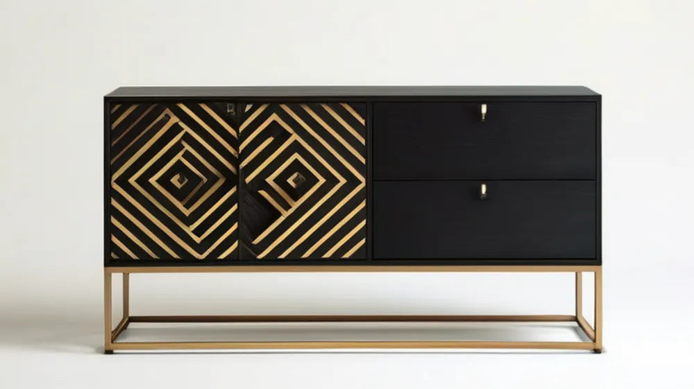 Czarny kredens MDF ze złotymi geometrycznymi frontami i metalową podstawą 160 x 40 x 90 cm
