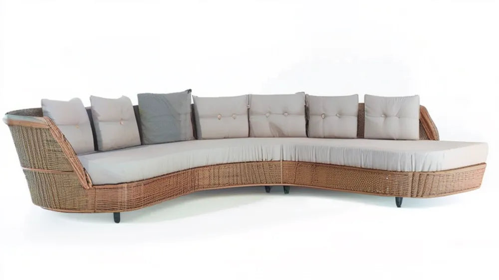 Zakrzywiona sofa ogrodowa z technorattanu PE, brązowo-beżowa z jasnoszarymi poduszkami, 320 x 110 x 75 cm