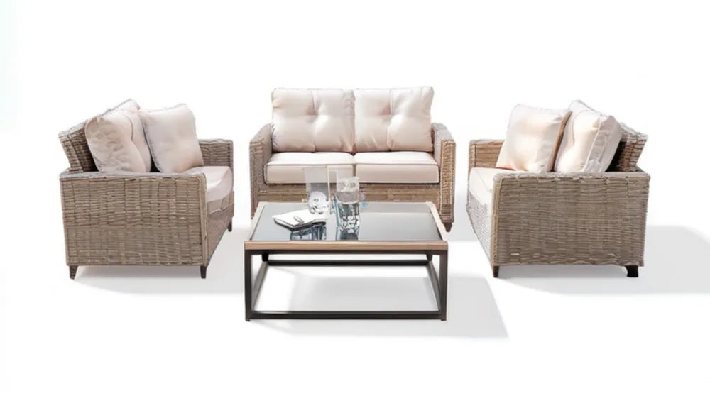 Beżowy komplet ogrodowy z technorattanu – sofa 124 x 70 x 76 cm, 2 fotele i stolik