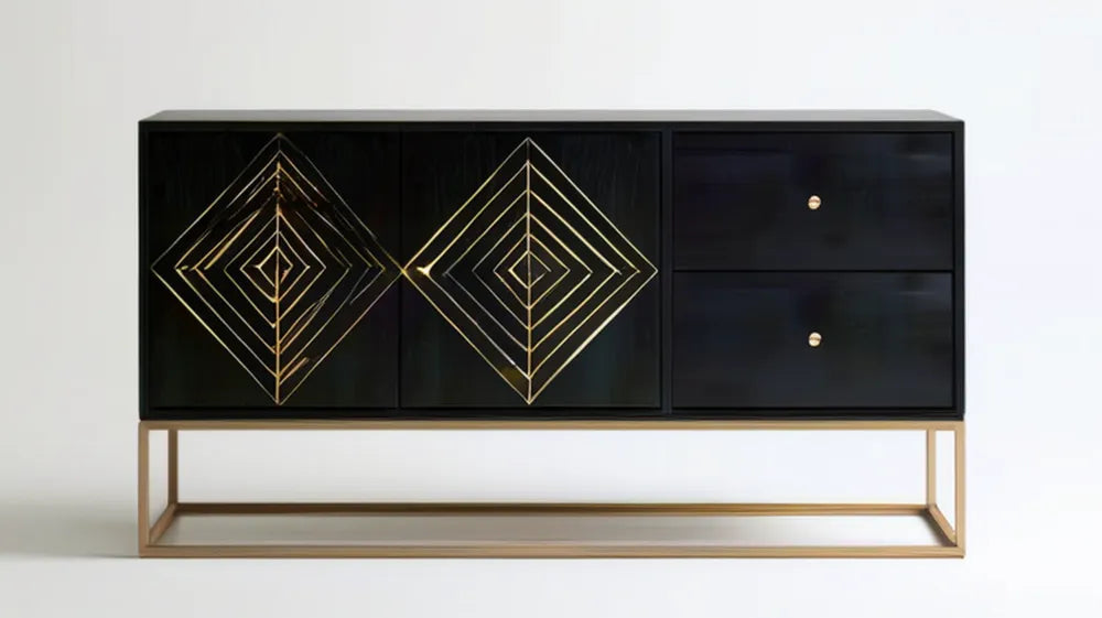 Czarny mebel do przechowywania ze złotymi detalami, 2 drzwiami i 2 szufladami, 160 x 40 x 90 cm